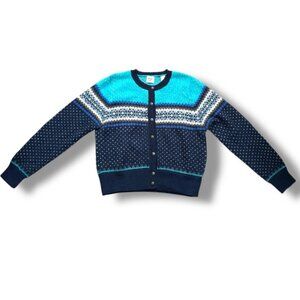 Vintage 90s GAP Blue Fair Isle Wool Cardigan Sweater Womens Size Large Cabincore
